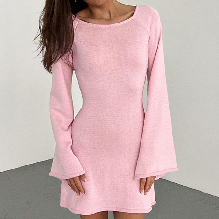 Damen lässiges Strickkleid mit weiten Ärmeln und Rundhalsausschnitt Drune