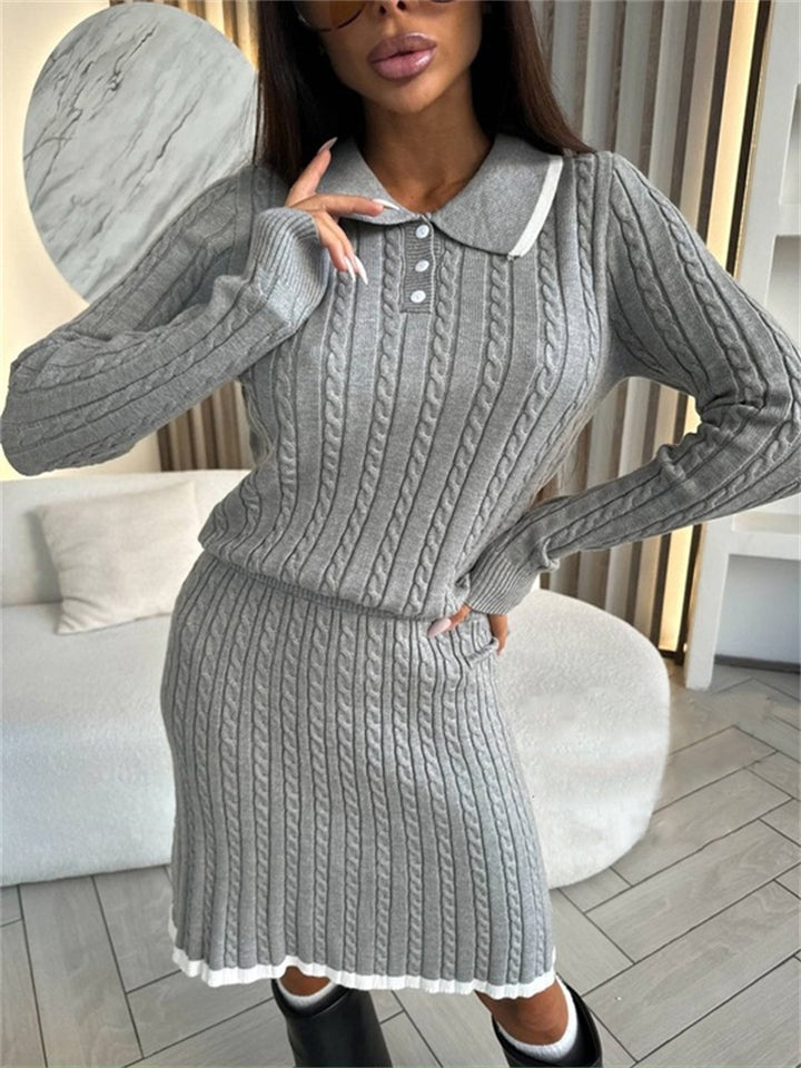 Damen Strickkleid mit Polo-Kragen und hochwertiger Zopfmuster-Oberfläche Drune