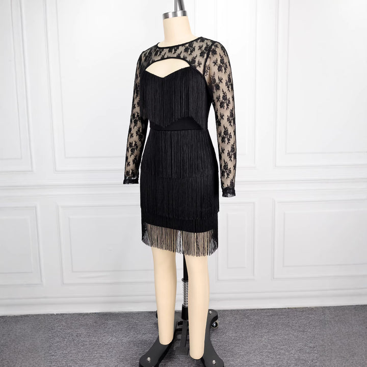 Damen Fransen Cocktailkleid mit Spitze Drune