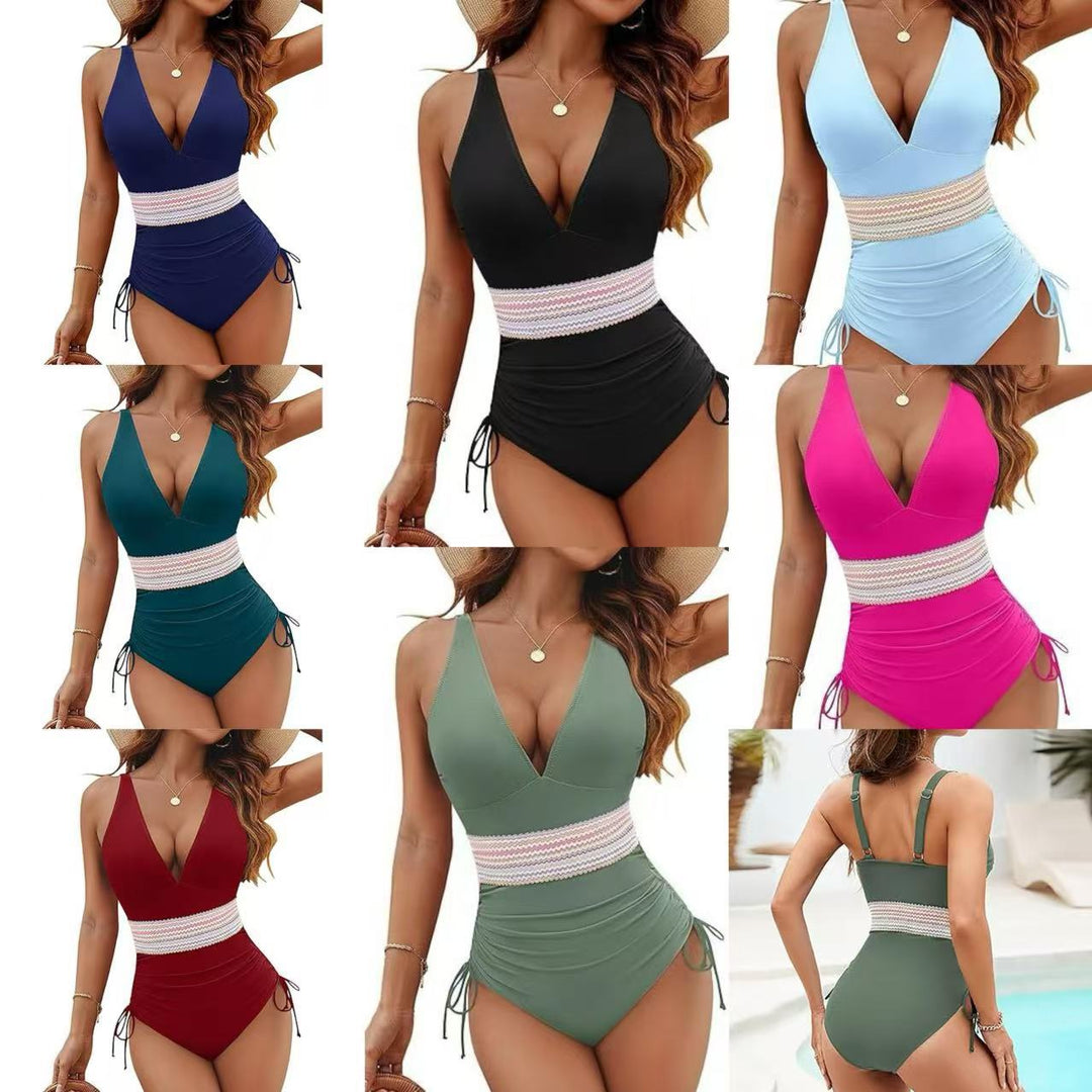 Damen Stylish Einteiler Badeanzug mit verstellbaren Trägern und Zierbund Drune