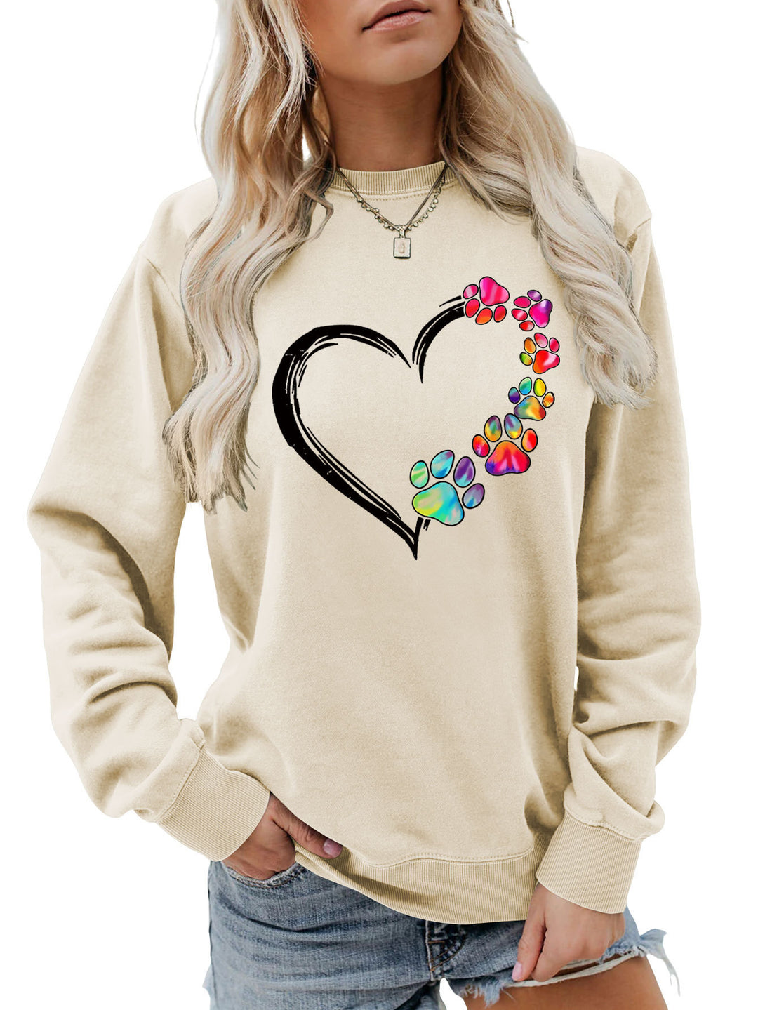 Damen Sweatshirt mit kreativem Pfotenherz-Design Drune
