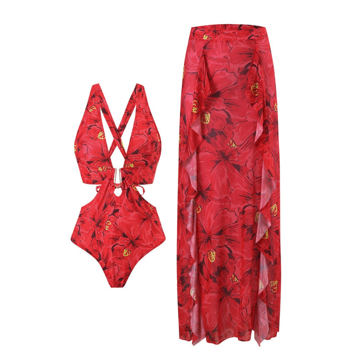 Damen Badeanzug und Maxi-Rock-Set mit floralen Akzenten und eleganten Rüschendetails Drune