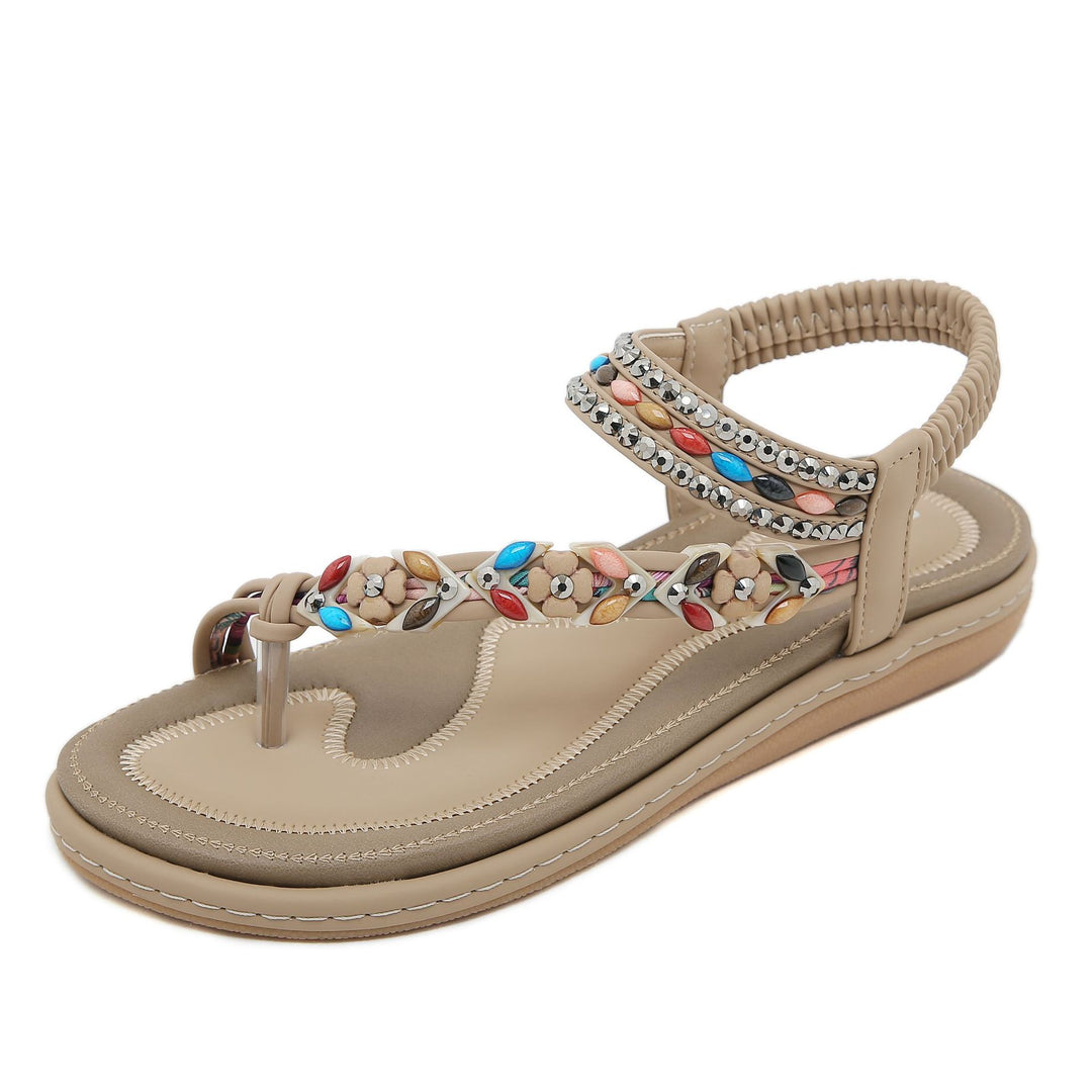 Damen Sandalen im Boho-Stil mit funkelnden Perlenverzierungen und bequemem Fußbett Drune