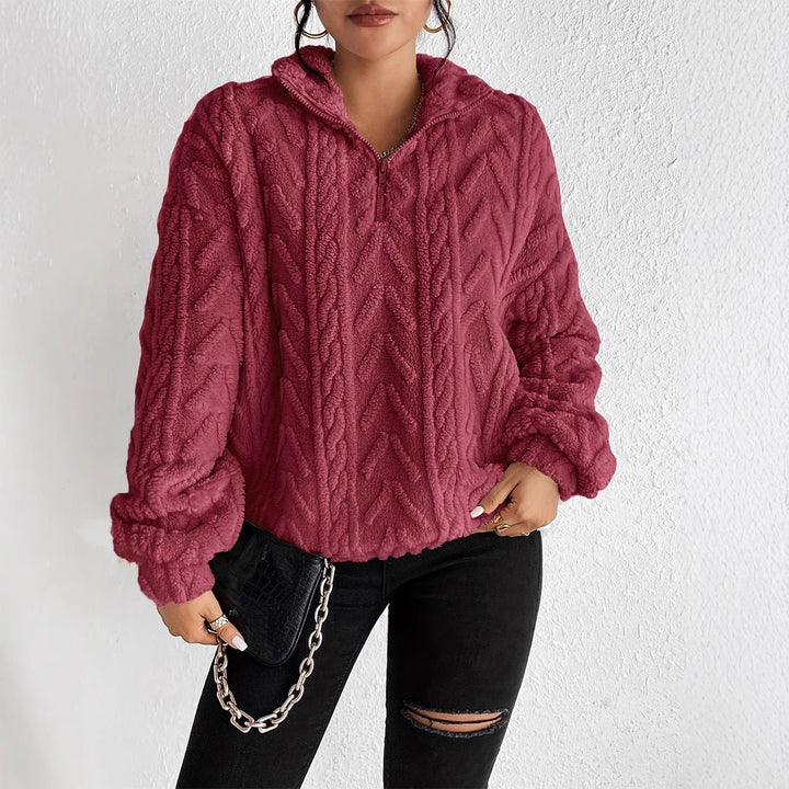 Damen gemütlicher Fleece-Pullover mit halbem Reißverschluss und strukturiertem Muster Drune