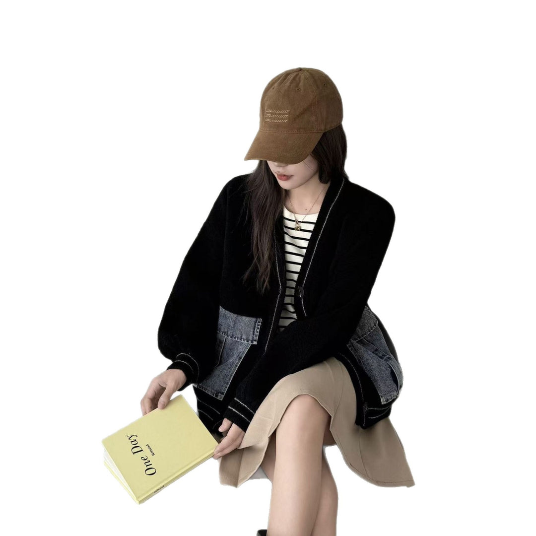 Damen modische Strickjacke mit Denim-Details Drune