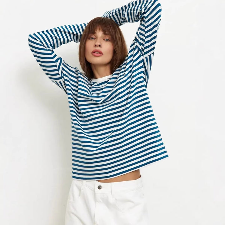 Damen bequemes Streifen-T-Shirt mit langen Ärmeln Drune