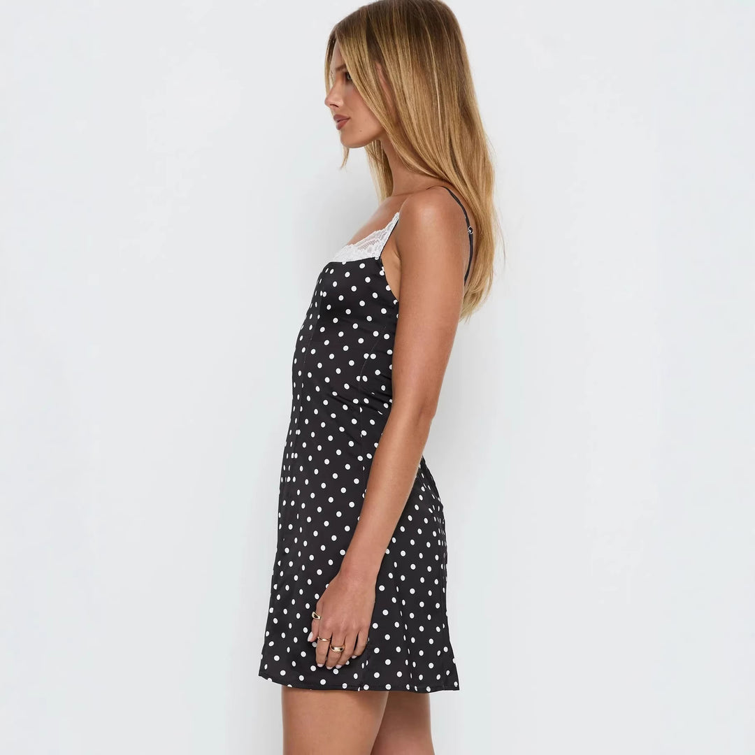 Damen Minikleid mit Spaghettiträgern und Spitzenbesatz Drune