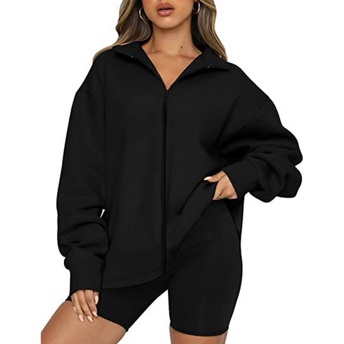 Damen Oversized Sweatjacke mit hohem Kragen und durchgehendem Reißverschluss Drune