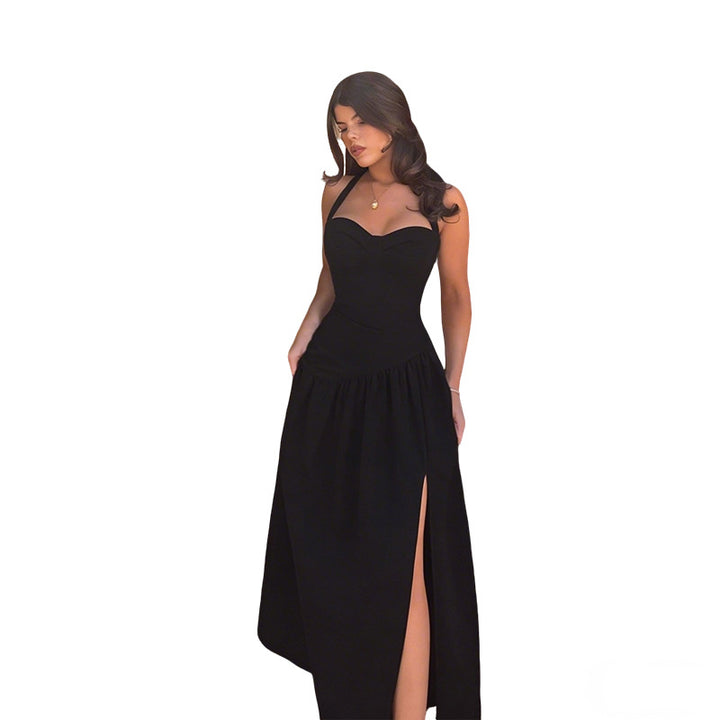Damen schulterfreies Maxikleid mit raffiniertem Halterneck und fließendem Rock Drune