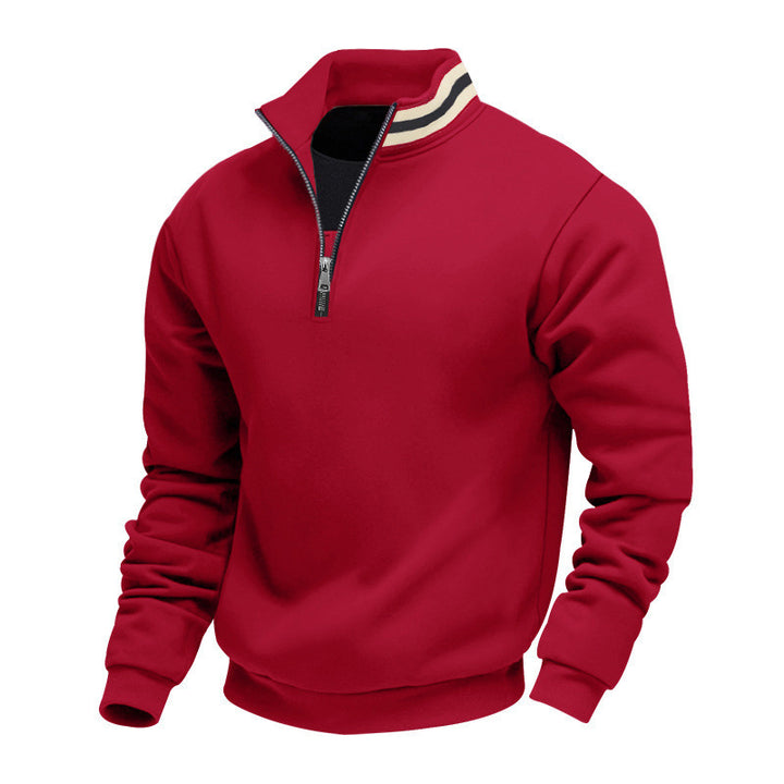 Herren nan Stehkragen-Halbzip-Sweatshirt aus Baumwollfleece mit Kontraststreifen am Kragen und gerippten Bündchen Drune