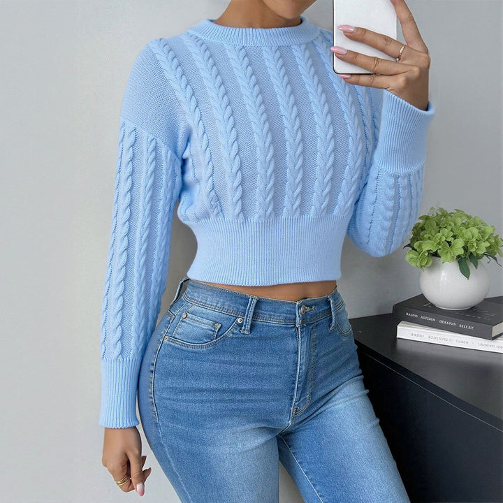 Damen kurz geschnittenes Strickoberteil mit Zopf-Muster und langen Ärmeln Drune