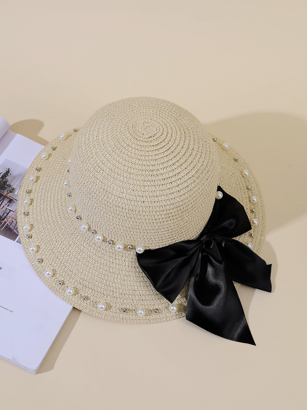 Damen Eleganter Strohhut mit breiter Krempe und dekorativem Satinband Drune
