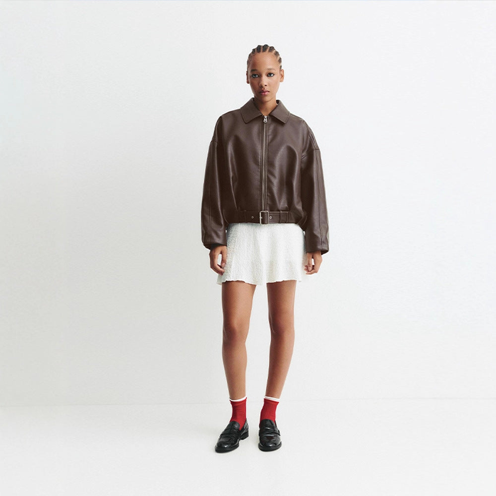 Damen Modische Kunstlederjacke mit weitem Schnitt und Taillengürtel Drune