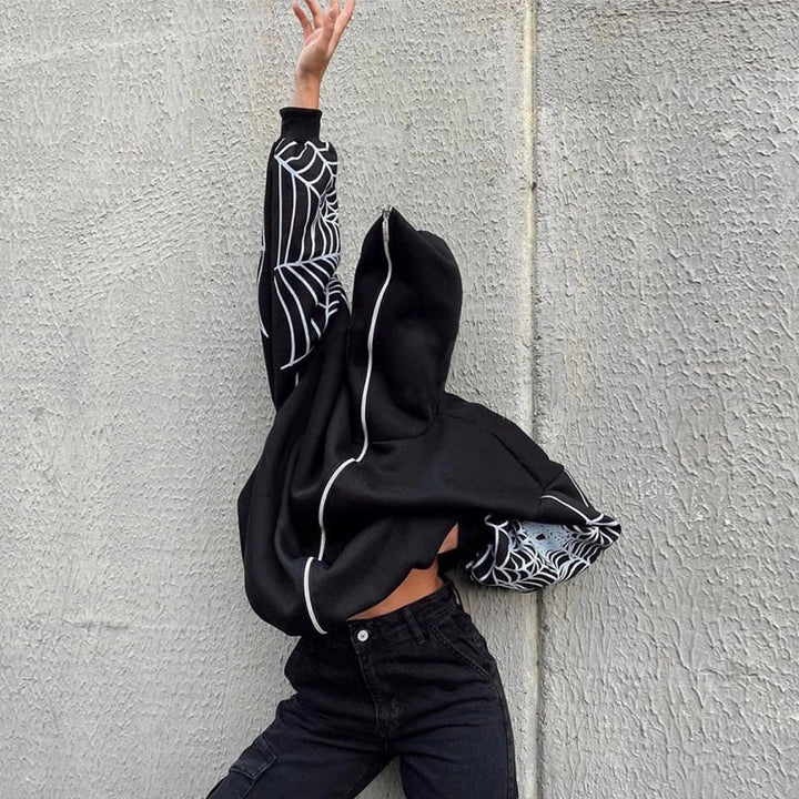 Damen Kapuzenpullover mit einzigartigem Spider-Web-Motiv und großzügigem Schnitt Drune