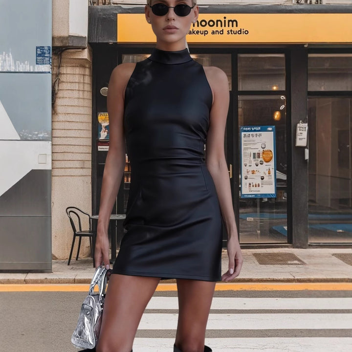 Damen figurbetontes Kleid mit Stehkragen und glänzender Oberfläche Drune