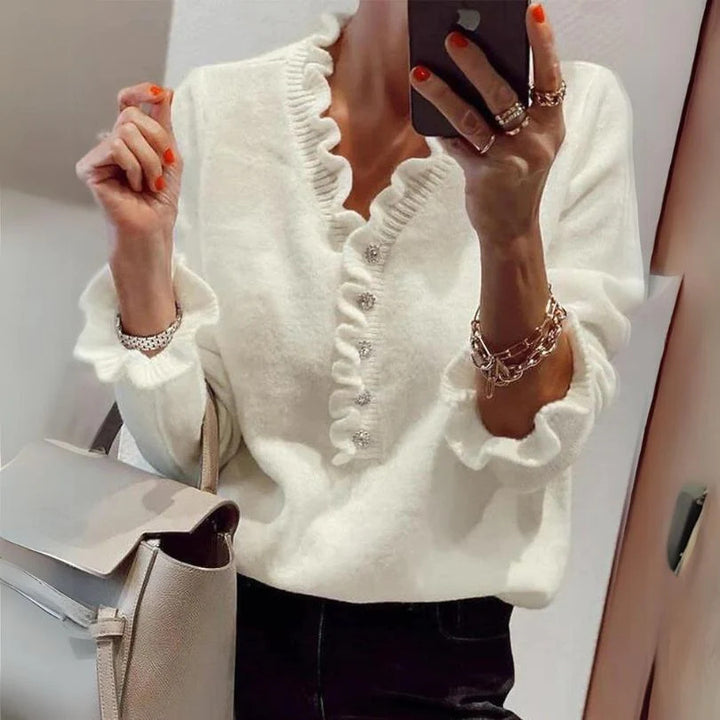 Damen Bluse mit fließendem Rüschendesign und Knopfleiste Drune