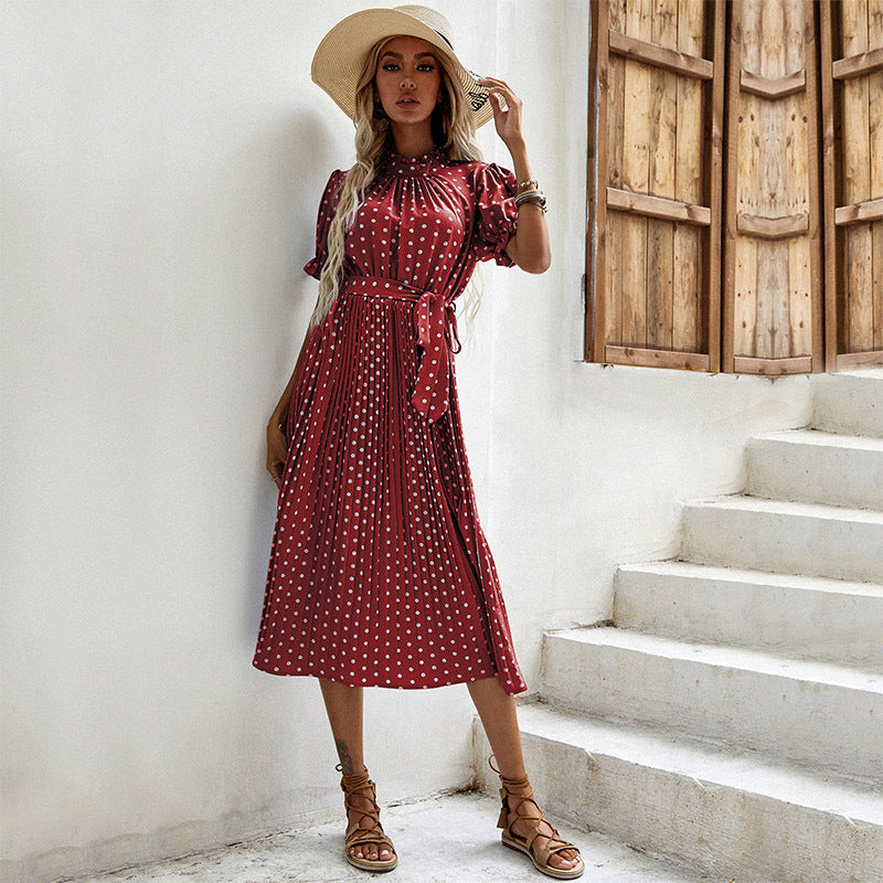 Damen Sommerliches Midikleid mit eleganten Puffärmeln und Taillengürtel Drune