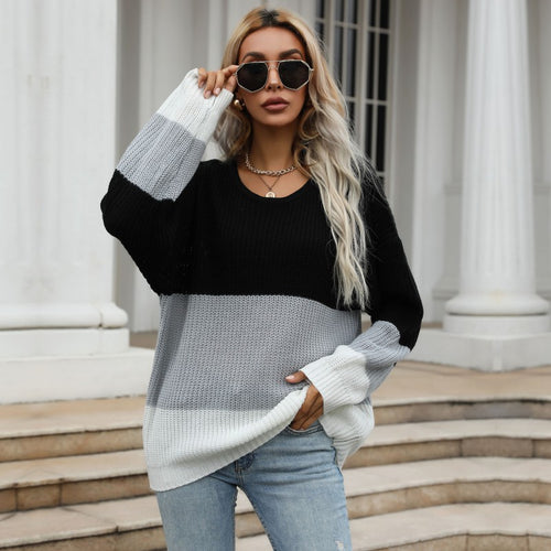 Damen lockerer Strickpullover mit trendigem Farbblock-Design Drune