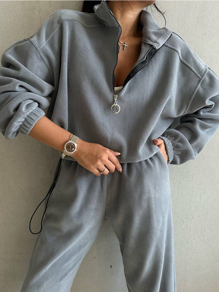 Damen Fleece-Loungewear-Set mit halbem Reißverschluss und elastischem Bund Drune