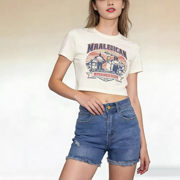 Damen lässige High-Waist Denim-Shorts mit Fransen und modischen Destroyed-Details Drune