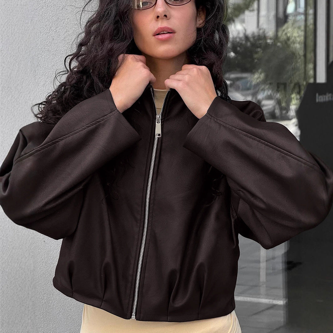 Damen modische cropped Lederjacke mit voluminösen Ärmeln Drune