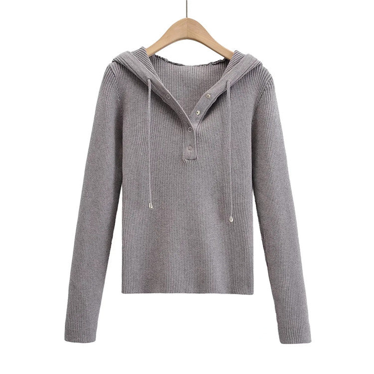 Damen lässiger Strickpullover mit Kapuze und Knopfleiste Drune