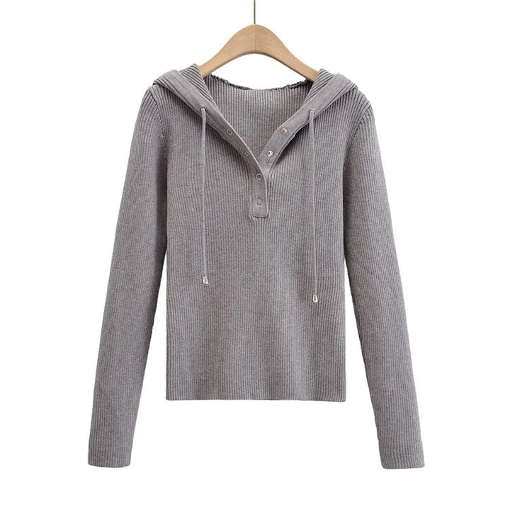 Damen lässiger Strickpullover mit Kapuze und Knopfleiste Drune