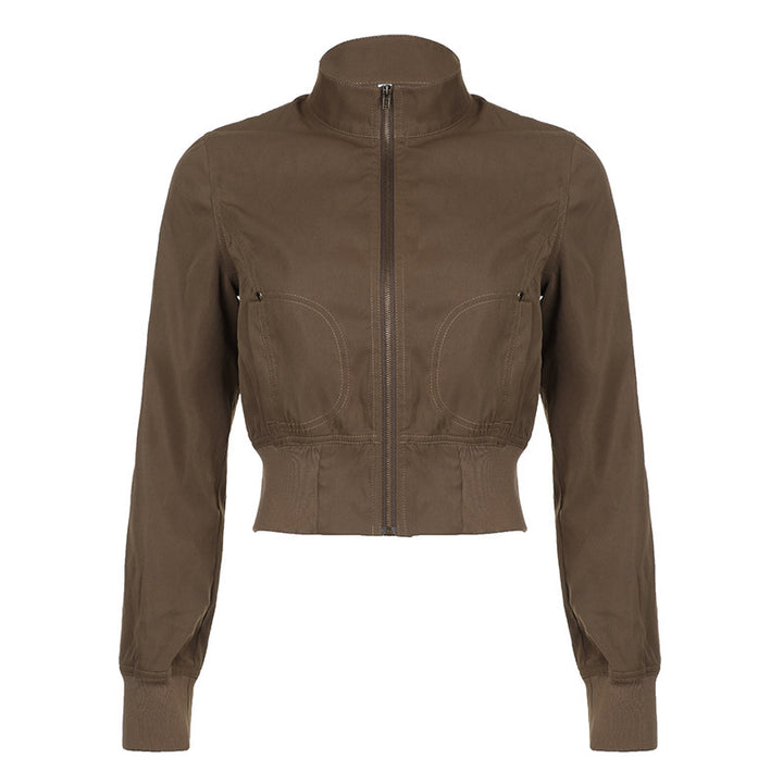 Damen modische cropped Jacke mit Stehkragen und Reißverschluss Drune