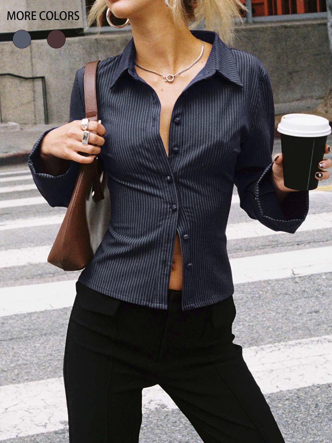 Damen taillierte Hemdbluse mit Klappkragen und feinen Streifen Drune