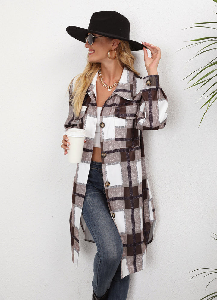 Damen Karomuster Longbluse mit Knopfverschluss und Seitentaschen Drune