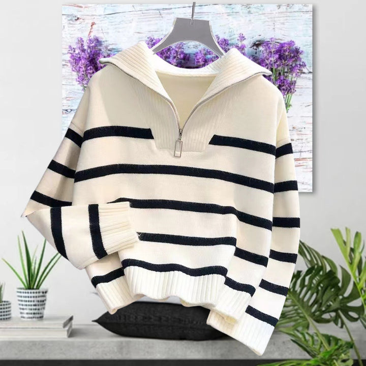 Damen gestreifter Pullover mit hohem Kragen und Reißverschluss Drune