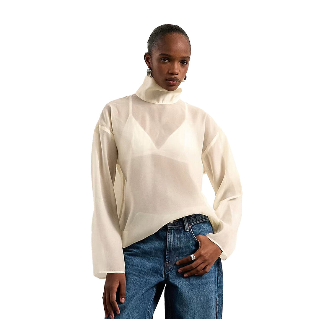 Damen Elegante Bluse aus transparentem Stoff mit stehendem Kragen Drune