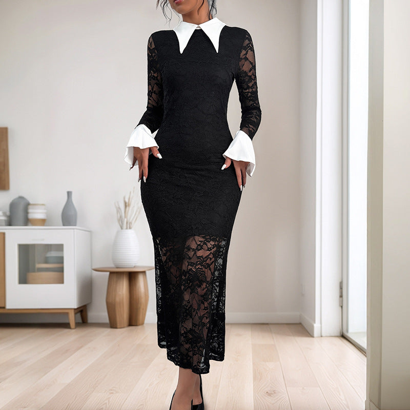 Damen Spitzenkleid mit dekorativem Kragen und transparenten Ärmeln Drune