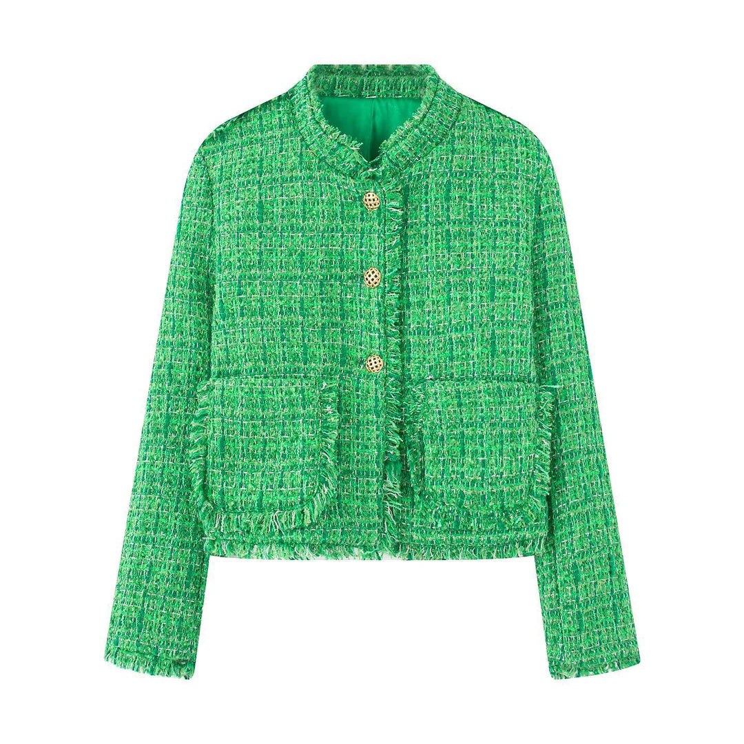 Damen stilvolle Kurzjacke im strukturierten Tweed-Design mit dekorativen Knöpfen Drune