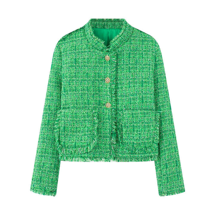 Damen stilvolle Kurzjacke im strukturierten Tweed-Design mit dekorativen Knöpfen Drune