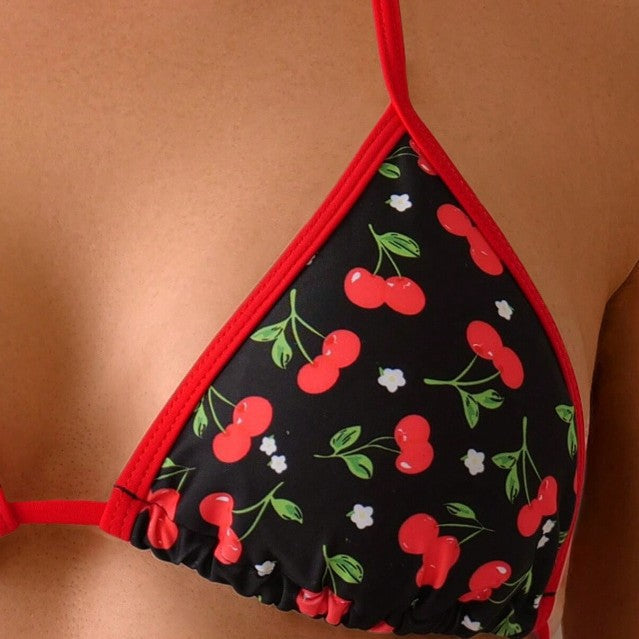 Damen Triangel-Bikini mit fruchtigem Kirschmuster und verstellbaren Bändern Drune