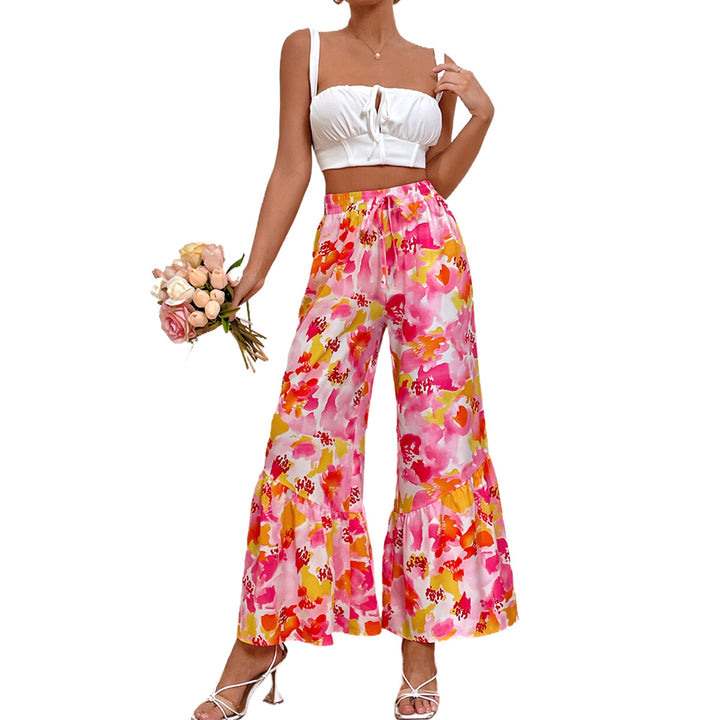 Damen weit geschnittene Palazzo-Hose mit buntem Blumendesign und Rüschendetails Drune