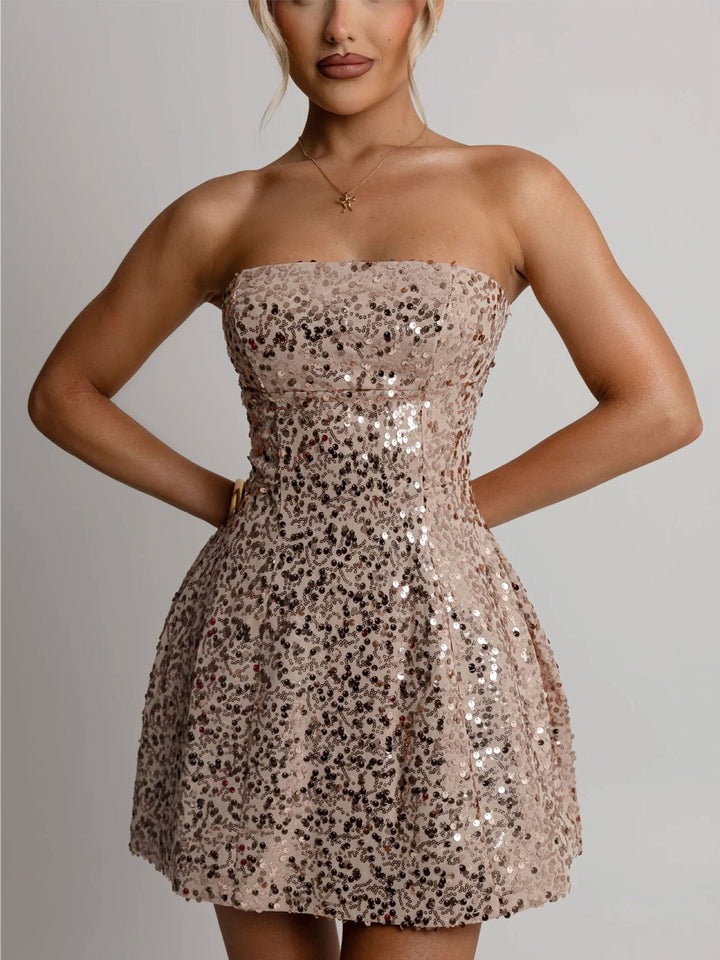 Damen Cocktailkleid mit funkelnden Pailletten und schulterfreiem Design Drune