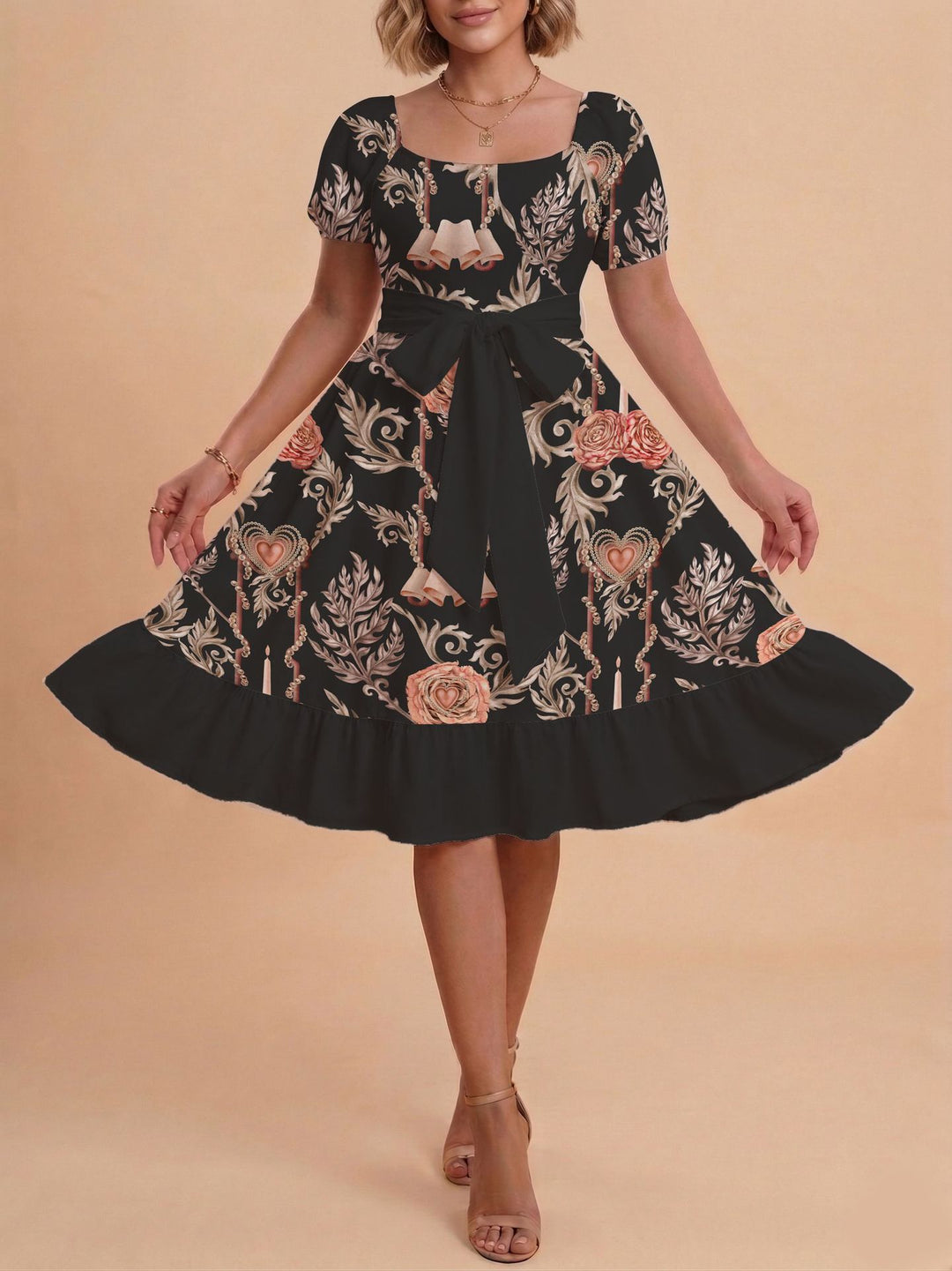 Damen Retro Maxikleid mit Puffärmeln und Taillengürtel Drune