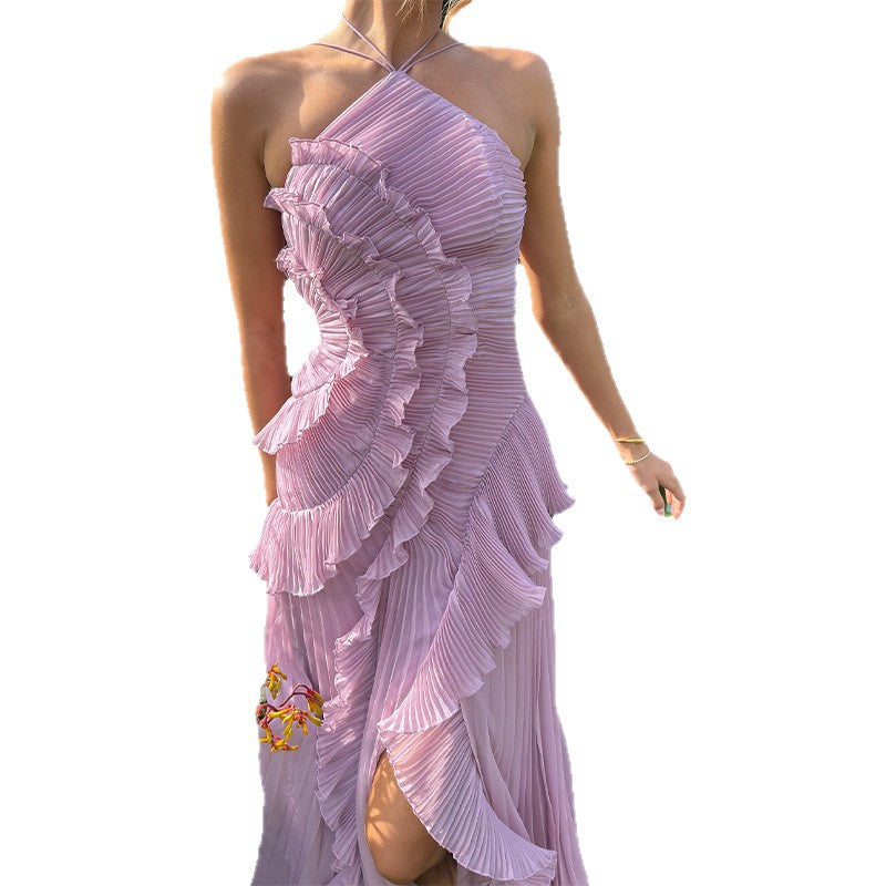 Damen Elegantes plissiertes Maxikleid mit asymmetrischem Design Drune