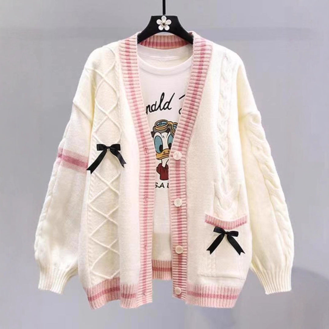Damen Modischer Strickcardigan mit Zopfmuster und dekorativen Schleifen Drune