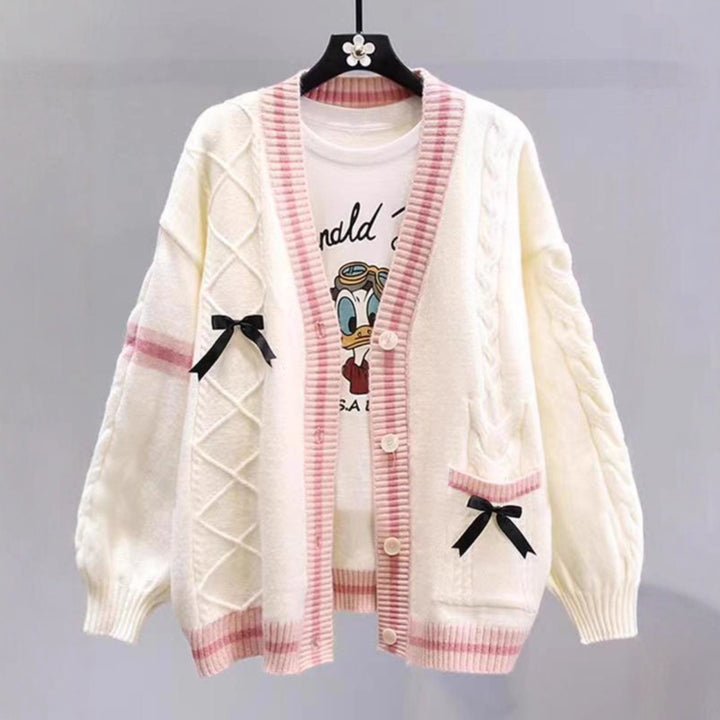 Damen Modischer Strickcardigan mit Zopfmuster und dekorativen Schleifen Drune