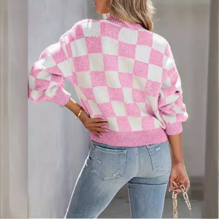 Damen Grob gestrickte Karomuster Cardigan mit tiefem V-Ausschnitt Drune