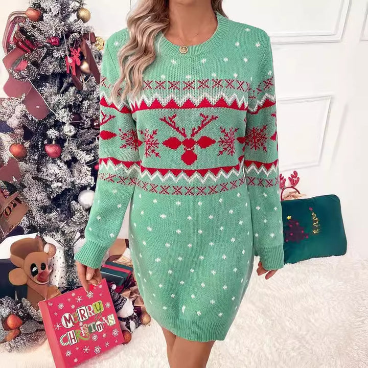 Damen festliches Strickkleid mit Weihnachtsmotiv und Rundhalsausschnitt Drune