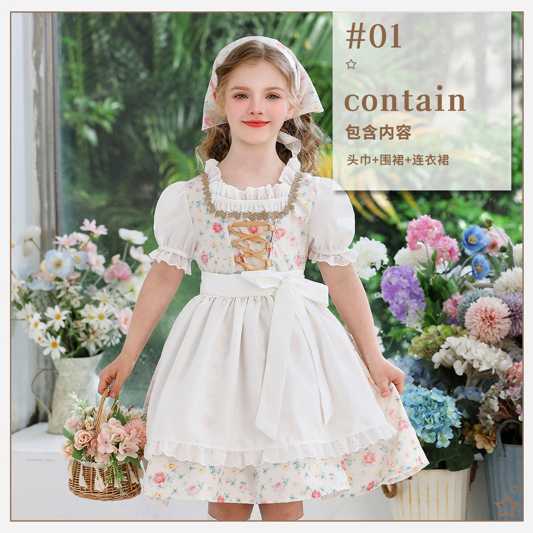 Damen nan traditionelles Dirndlkleid für Mädchen mit bestickter Schürze, Rüschenkragen und passendem Kopftuch Drune