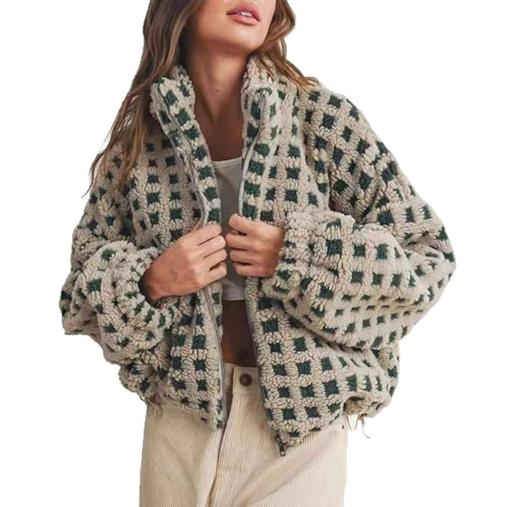Damen kuschelige Fleecejacke im modernen Karodesign Drune