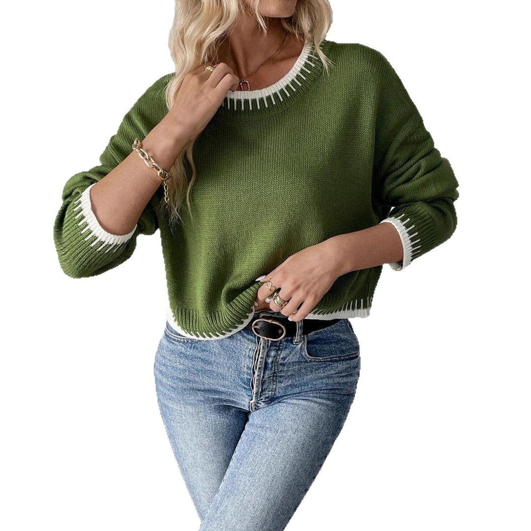 Damen Bequemer Strickpullover mit modischem Rundhalsausschnitt und farblich abgesetzten Details Drune