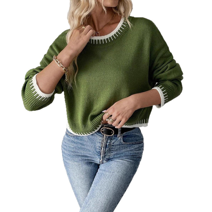 Damen Bequemer Strickpullover mit modischem Rundhalsausschnitt und farblich abgesetzten Details Drune