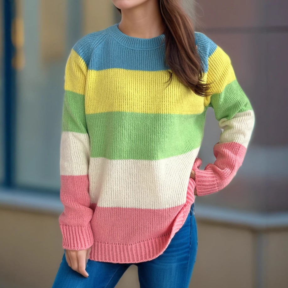 Damen gestreifter Strickpullover mit lässigem Schnitt und buntem Design Drune