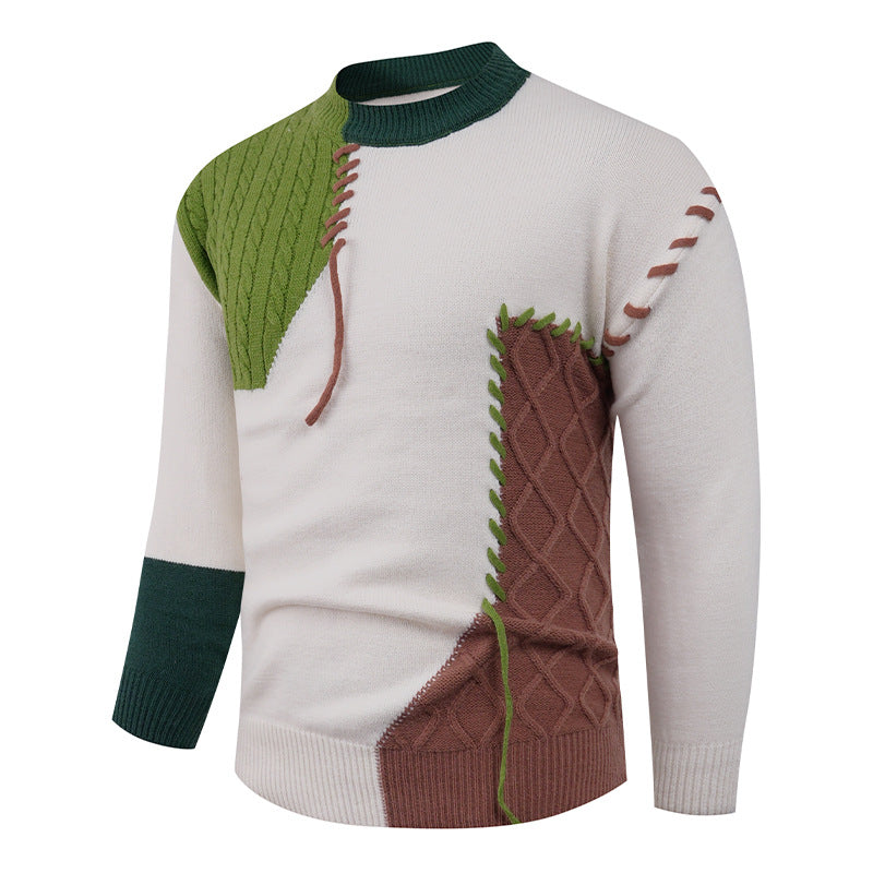Herren nan Patchwork-Strickpullover mit Zopfstrick-Einsätzen und dekorativen Nahtapplikationen Drune